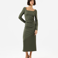 Vestido midi feminino decote quadrado manga longa franzido verde