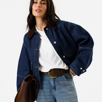 Jaqueta feminina jeans com gola de veludo cotelê azul