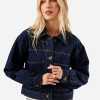 Jaqueta cropped feminina jeans com bolsos azul