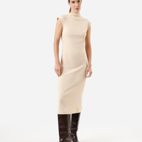 Vestido midi feminino de algodão manga curta bege