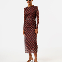 Vestido longo feminino de tule manga longa franzido xadrez marrom