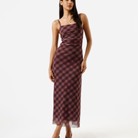 Vestido longo feminino de tule franzido xadrez vinho