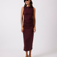Vestido midi feminino com viscose franzido mindset vinho
