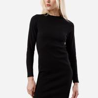 Vestido curto feminino de algodão manga longa canelado preto