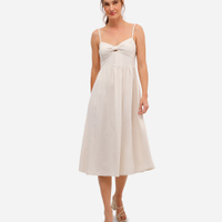 Vestido midi feminino com linho e recorte bege