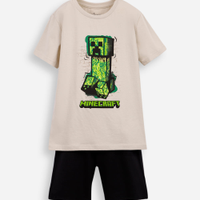 Conjunto curto infantil de algodão minecraft bege