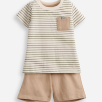 Conjunto curto infantil de algodão listrado bege