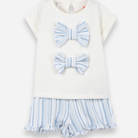Conjunto curto infantil com lacinho listrado off white