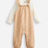 Jardineira longa infantil de moletom com body floral bege