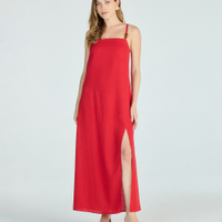 Vestido longo alça fina feminino com linho e fenda vermelho
