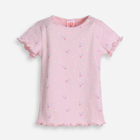 Camiseta de algodão infantil com frufru floral rosa