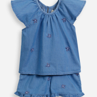 Conjunto infantil curto jeans com bordados azul