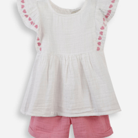 Conjunto infantil curto com babados coração rosa