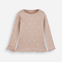 Blusa infantil de algodão manga longa canelada floral marrom