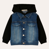 Jaqueta jeans infantil com manga e capuz de moletom preto