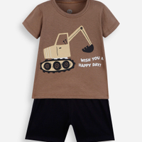 Conjunto infantil curto de algodão escavadeira marrom