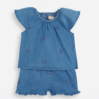 Conjunto curto infantil jeans com bordado floral azul