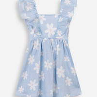 Vestido infantil de algodão com babado floral texturizado azul