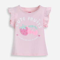 Camiseta de algodão infantil manga com babado frutinhas rosa