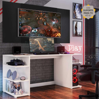 Mesa Gamer com Painel e Suporte TV 65 Guilda Multimóveis Branco/Preto