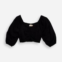 Cropped de viscose juvenil manga bufante com franzido preto