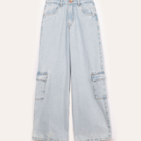 Calça jeans wide leg cargo juvenil azul claro
