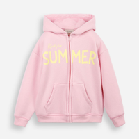 Blusão juvenil de moletom felpado com capuz estampado rosa