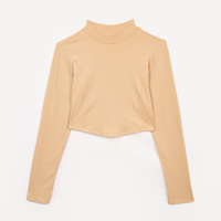Cropped de viscose juvenil canelado com recorte manga longa bege