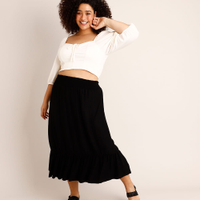 Saia Plus Size Midi com Lastex e Babado Preta