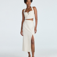 Saia midi feminina com fenda e aviamento bege