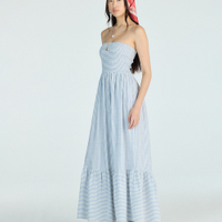 Vestido longo sem alça feminino com viscose e recorte listrado azul