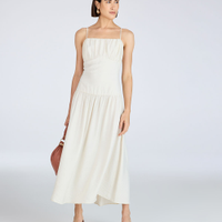 Vestido midi feminino alça fina com recorte franzido bege