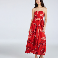 Vestido longo feminino de viscose com lurex floral vermelho