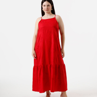 Vestido midi feminino com bordado com bolso plus size vermelho