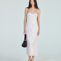 Vestido jacquard feminino acetinado floral rosa