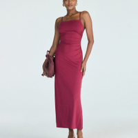 Vestido longo alça fina feminino com franzidos vermelho