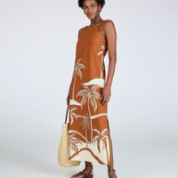 Vestido midi feminino alça fina com miçangas coqueiro marrom