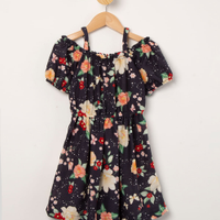 Vestido infantil estampado floral manga curta azul marinho