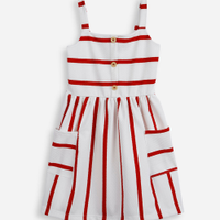 Vestido infantil listrado com bolso vermelho