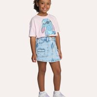 Blusa de algodão infantil disney stitch com paetê manga curta rosa neon - rosa claro