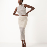 Saia midi de tricot vazada com lurex bege claro