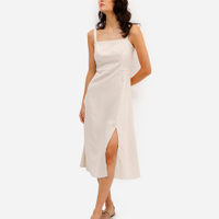 Vestido midi feminino com linho decote quadrado bege