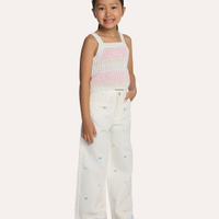 Calça de sarja wide leg infantil corações bordado off white