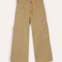 Calça wide leg de sarja infantil bolsos cargo bege
