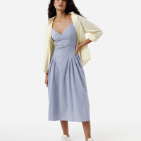 Vestido midi decote v com recorte listrado off white