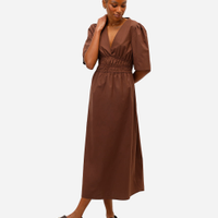 Vestido midi feminino de algodão decote v marrom