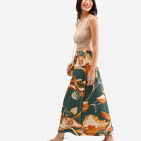Saia midi feminina texturizada folhagens verde