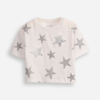 Camiseta de algodão infantil estrelas com paête off white