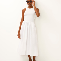 Vestido midi canelado saia volumosa off white