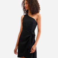 Vestido ombro único com linho e amarração preto